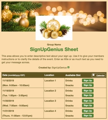 Gold Ornaments sign up sheet