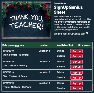 Holiday Teacher Appreciation sign up sheet