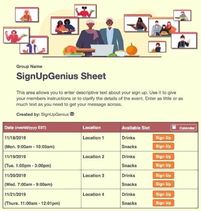 Virtual Thanksgiving Dinner sign up sheet