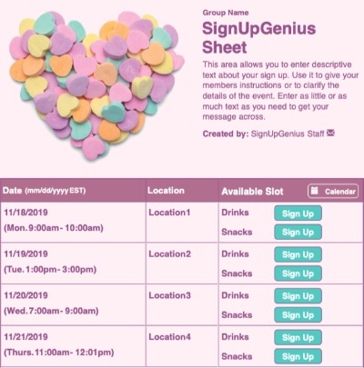 Candy Hearts sign up sheet