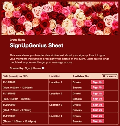 Bunch of Roses sign up sheet