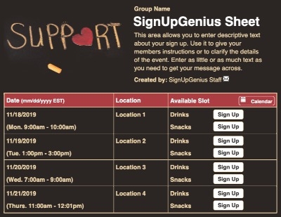 Support sign up sheet