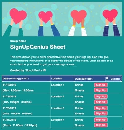 Giving Hearts sign up sheet