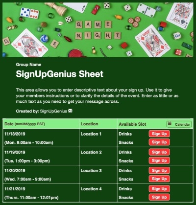 Card Game Night sign up sheet
