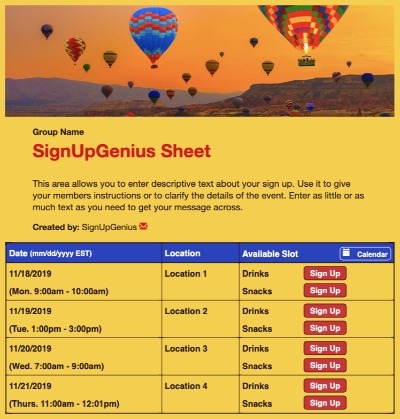 Hot Air Balloons 2 sign up sheet
