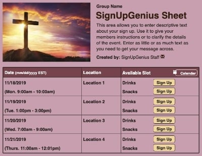 Holy Cross sign up sheet