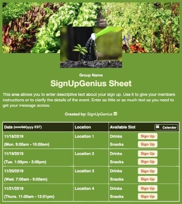 Community Garden sign up sheet