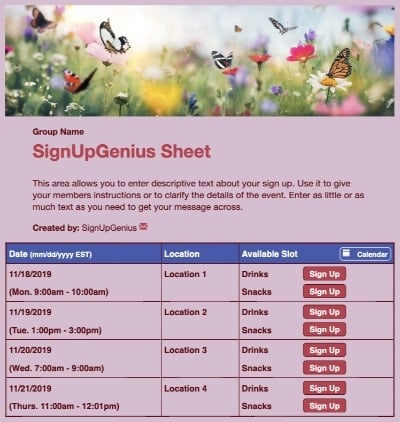 Butterflies sign up sheet