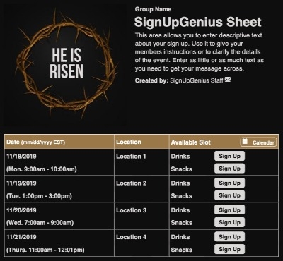 Crown of Thorns sign up sheet