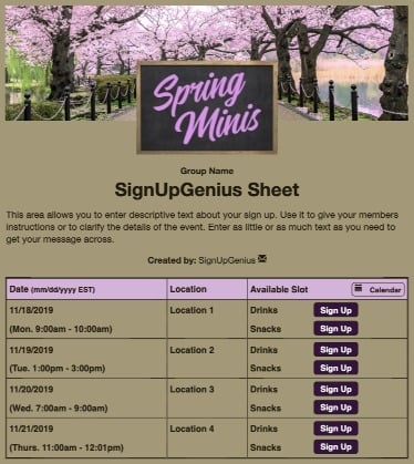 Spring Minis sign up sheet
