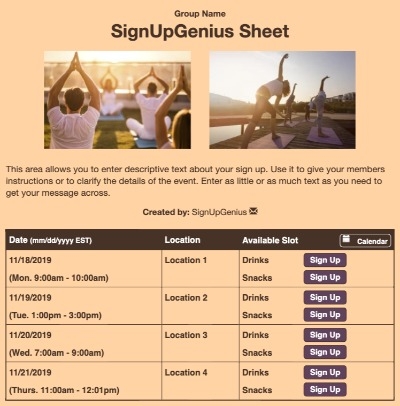 Outdoor Yoga sign up sheet