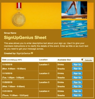Summer Olympics sign up sheet