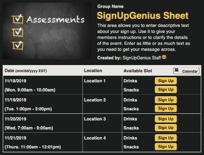 Skills Assessment sign up sheet