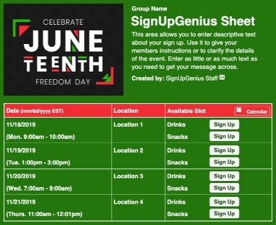 Juneteenth Freedom Day sign up sheet