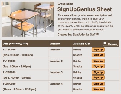 Classroom Desks sign up sheet