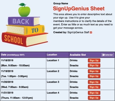 Back to School Books sign up sheet