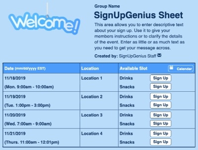 Welcome Sign sign up sheet