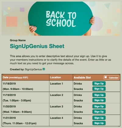 Back to School Sign sign up sheet