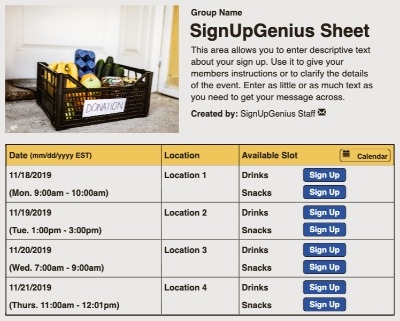 Grocery Donation sign up sheet
