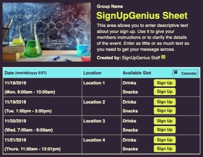 Science Experiment sign up sheet