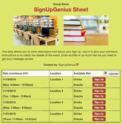 Library Time sign up sheet