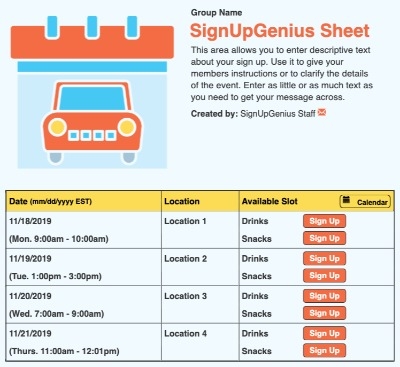 Carpool Schedule sign up sheet