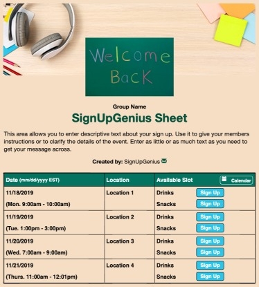 Welcome Back sign up sheet
