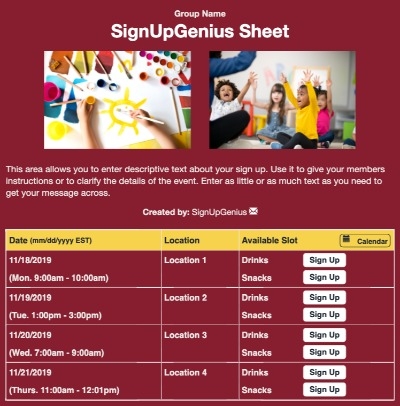 Preschool Class sign up sheet