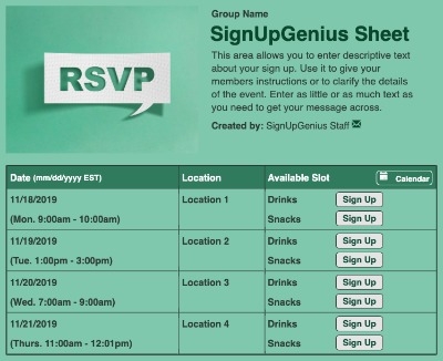 RSVP sign up sheet