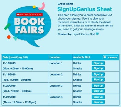 Scholastic Book Fair Fall 2021 sign up sheet