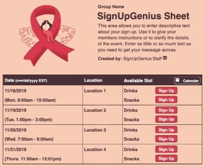 Breast Cancer Prevention sign up sheet