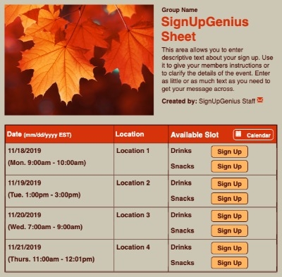 Maple Leaves sign up sheet