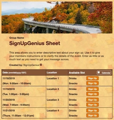 Autumn Parkway sign up sheet