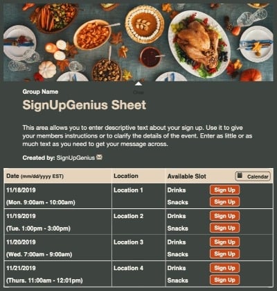 Thanksgiving Table sign up sheet