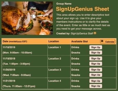 Turkey Carving sign up sheet