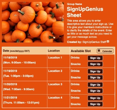 Pumpkins 2 sign up sheet