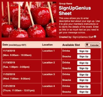Red Candy Apples sign up sheet