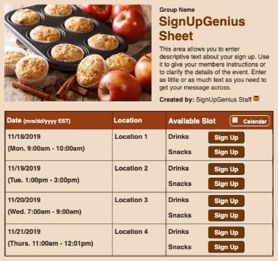Apple Muffins sign up sheet