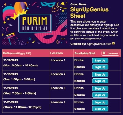 Purim sign up sheet