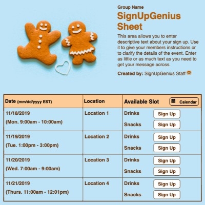Gingerbread Love sign up sheet