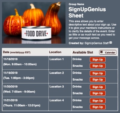 Fall Food Drive sign up sheet