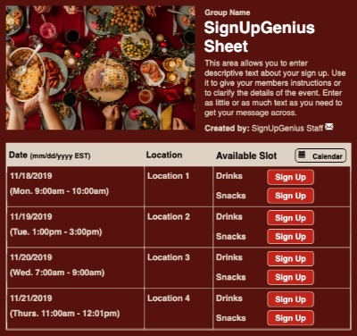 christmas holiday dinners sign up form