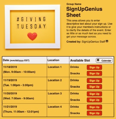 Giving Tuesday Frame sign up sheet