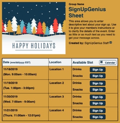 Happy Holidays sign up sheet