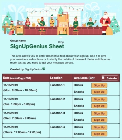 Santa's Workshop sign up sheet