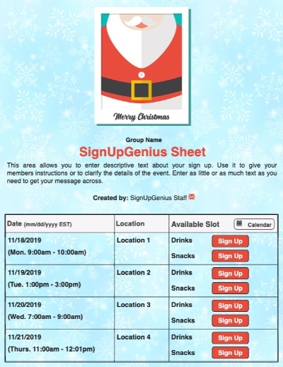 Pictures with Santa sign up sheet