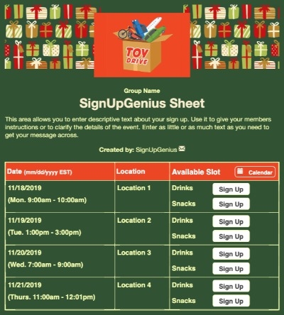 Holiday Toy Drive sign up sheet