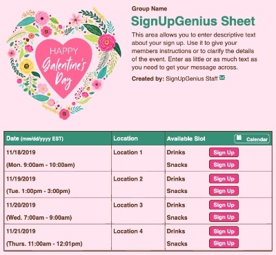 Galentine's Day sign up sheet