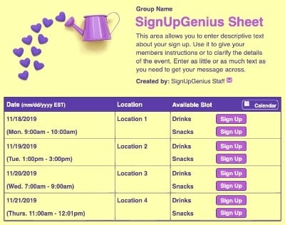 Pouring Hearts sign up sheet