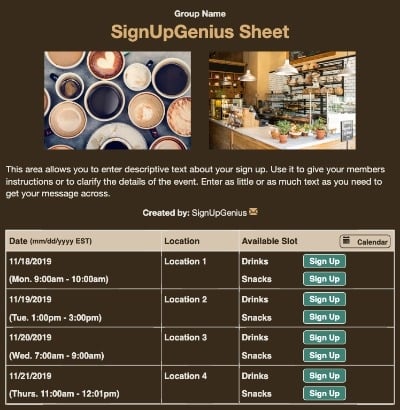 Coffee Shop sign up sheet